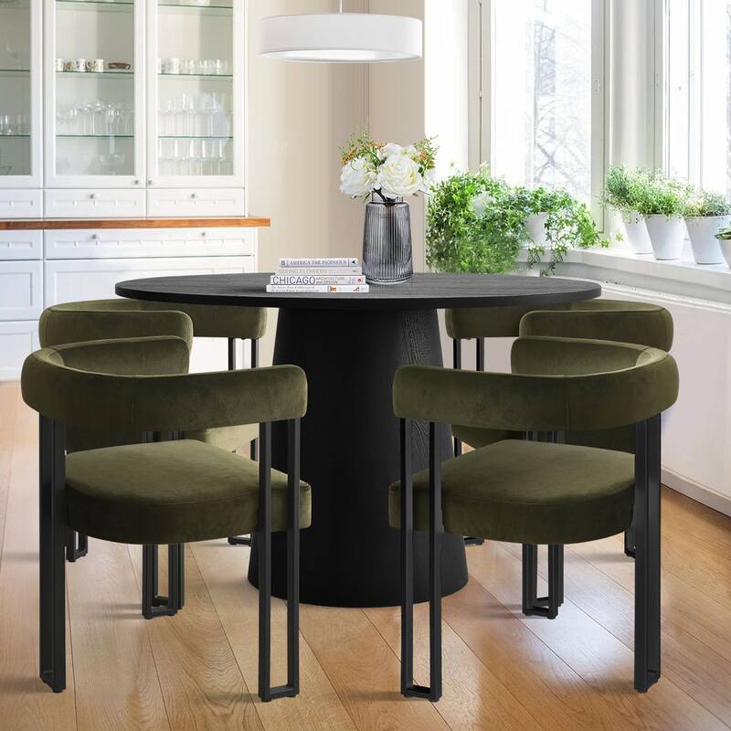 46" Black Round Dining Table Set with 4 Curved Back Arm Chairs - Green