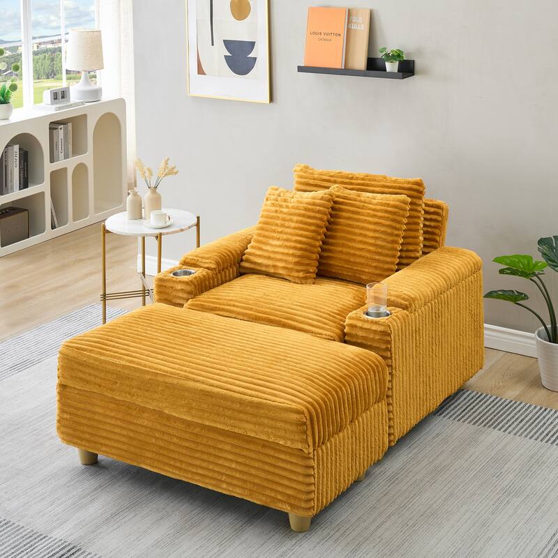 Corduroy Accent Chair & Storage Ottoman Set of 2, Single Sofa Armchair Lounge Chair with Pillows & Cup Holders