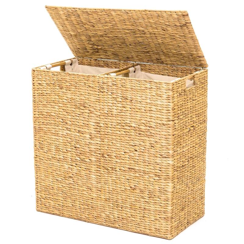 Natural Water Hyacinth 2-Bin Laundry Hamper with Lid and Canvas Liners - 27.5"L x 13.5'W x 27"H