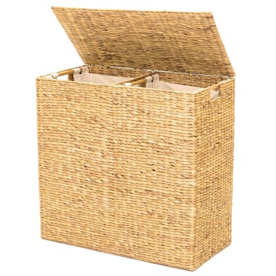 Natural Water Hyacinth 2-Bin Laundry Hamper with Lid and Canvas Liners - 27.5"L x 13.5'W x 27"H