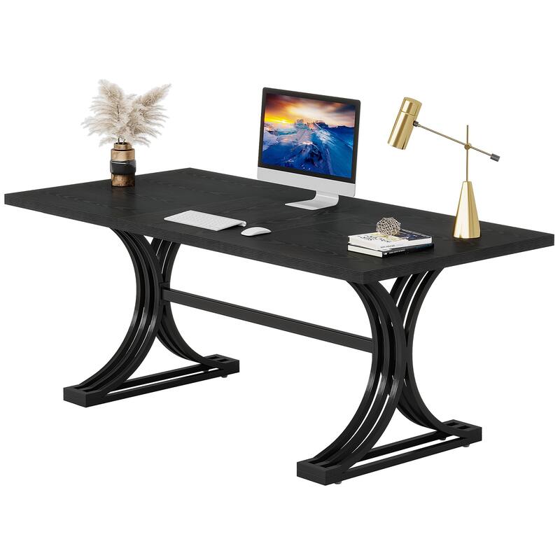 63" Large Rectangular Executive Desk, Wood Faux Marble Table, Business Computer Desk for Home Office