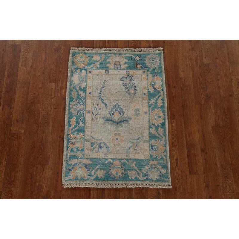 Hand Knotted Oriental 100% Wool Carpet Transitional Geometric Green Oushak Area Rug - 2' 11'' X 1' 11''