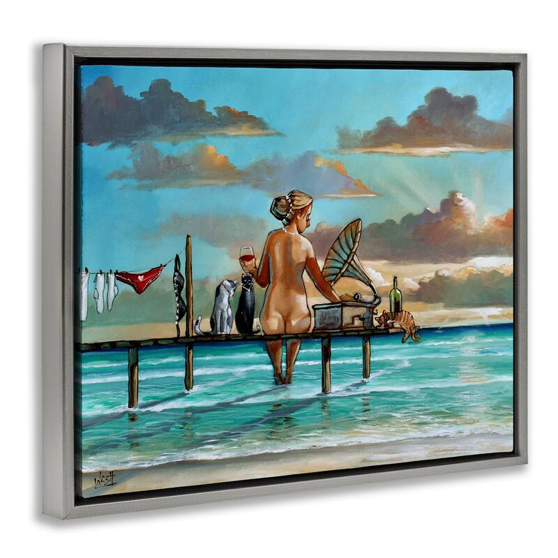 Stupell Woman & Cats Beach Sunset Framed Floater Canvas Wall Art Design By Ronald West