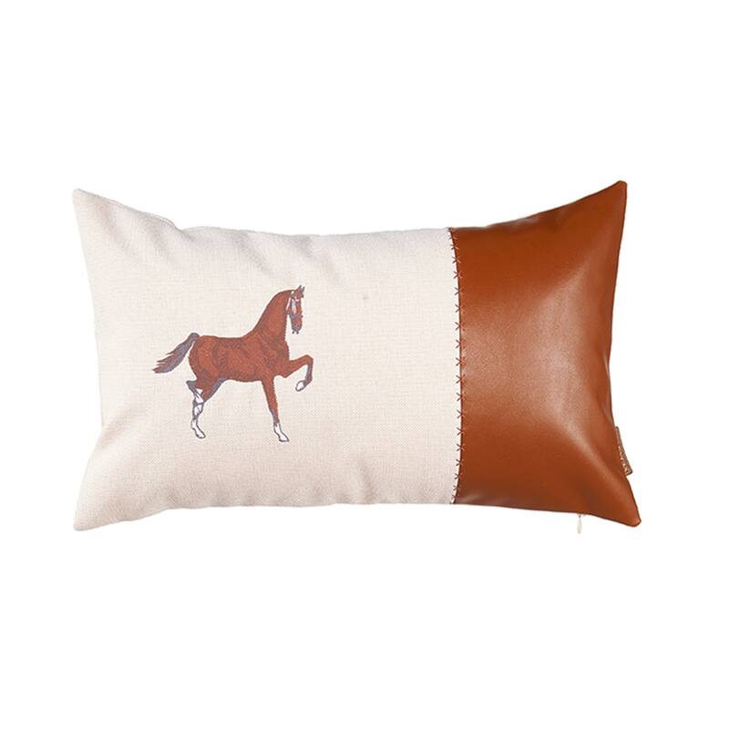 HomeRoots 20" X 12" Beige Horse Animal Print Zippered Handmade Faux Leather Lumbar Pillow With Embroidery