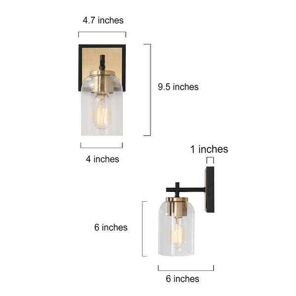 Modern Farmhouse Black Gold 1-Light Wall Sconces with Cylinder Glass Shade - 4"L x 6"W x 9.5"H