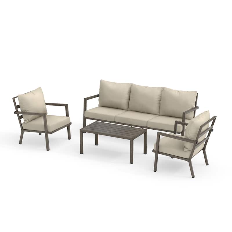 MornLift 4-Piece Aluminum Outdoor Patio Conversation Set with Beige Cushions, Sofa and Coffee Table