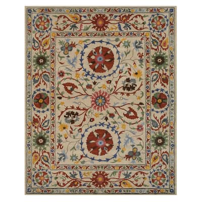 Hand-tufted Wool Ivory Transitional Floral Suzani Rug