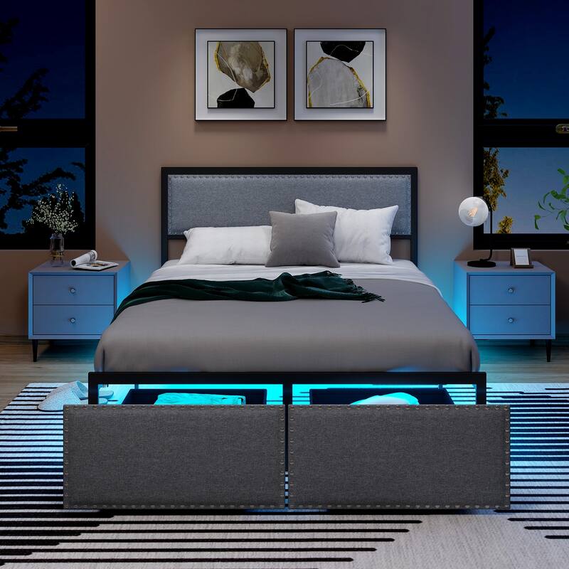 Full/Queen/Twin Size Bed Frame with LED Lights Drawer and Metal Slats
