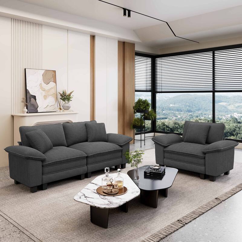 MAISON ARTS 2-Piece Chenille & Corduroy Sofa Set, Comfy 3/4/5-Seater Modular Loveseat & Armchair with Throw Pillows - Grey Corduroy(3 Pieces) - Left Facing