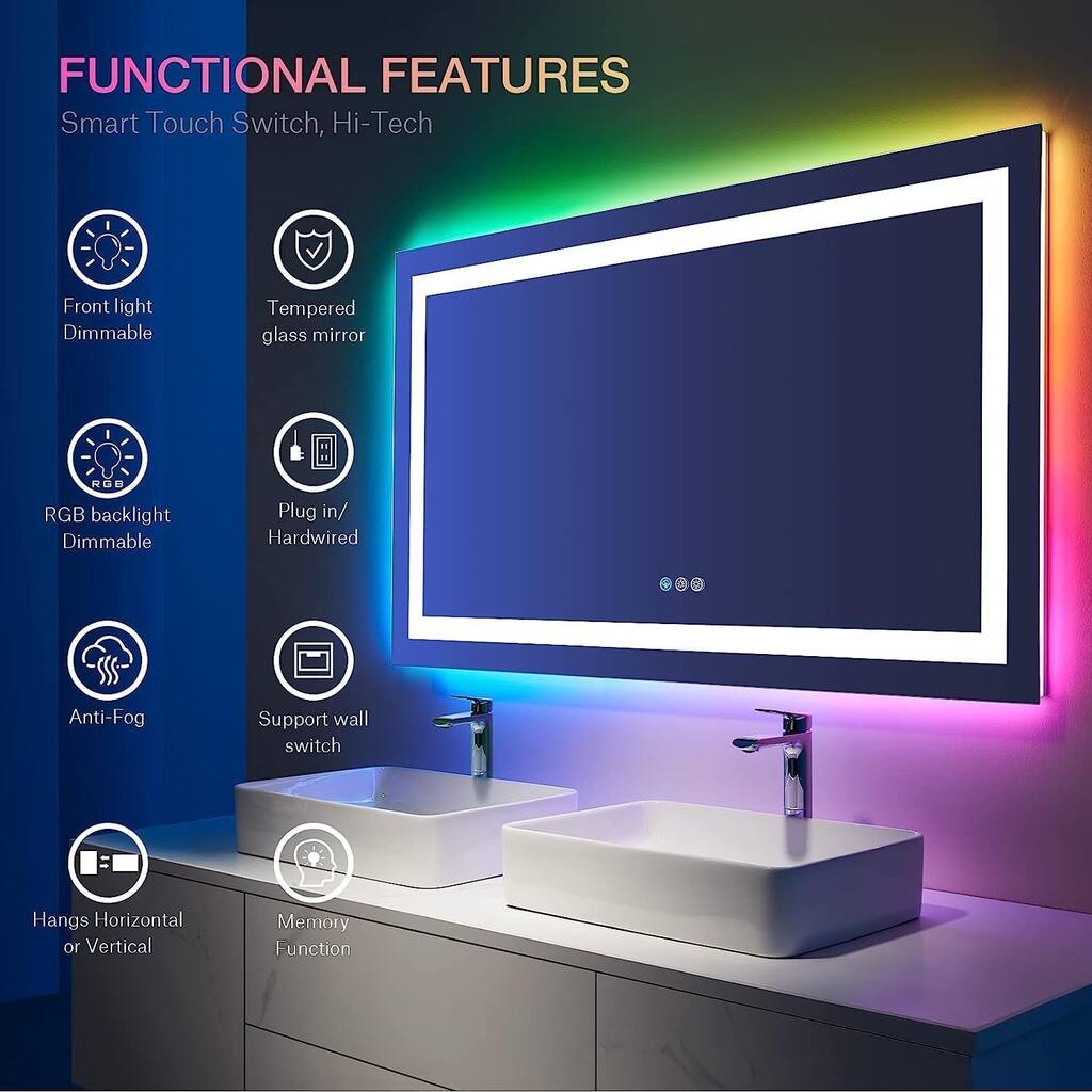 Vanity Trident Rainbow LED Mirror with Touch ON/Off Dimmer & Fog Free Function