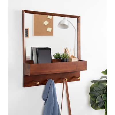 Kate and Laurel Hinter Wall Mirror with Shelf and Pegs - Walnut Brown - 24x24