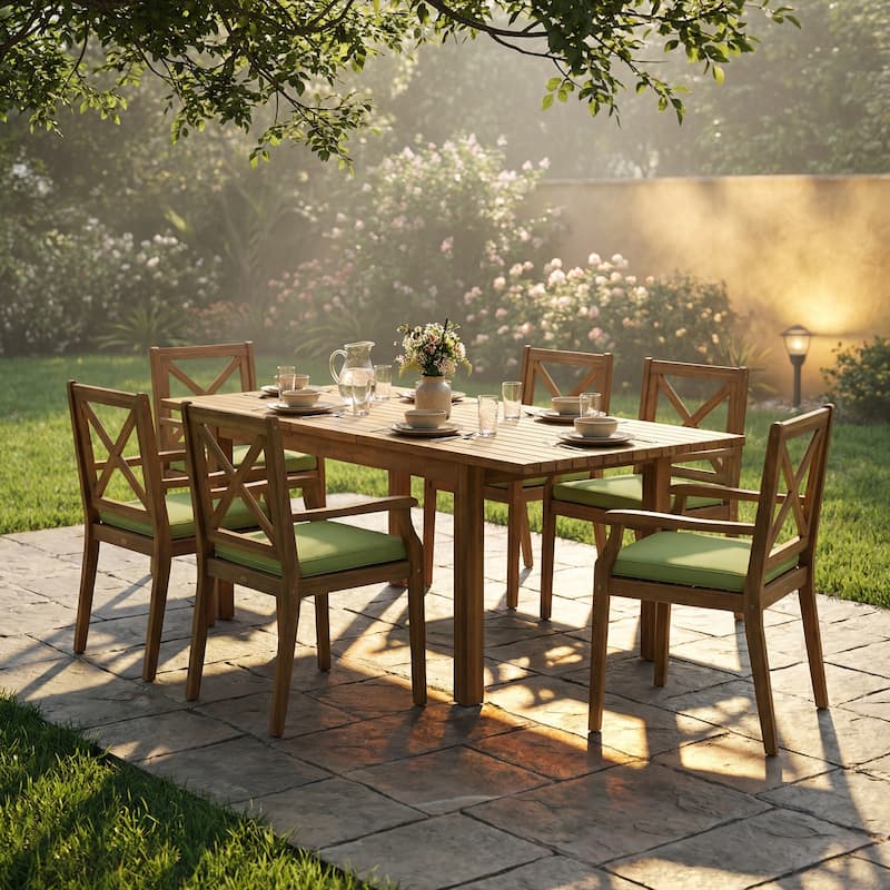 Christopher Knight Home - Modern 7-Piece Solid Acacia Wood Extendable Outdoor Dining Set with Cream Cushioned Chairs - Green + Teak