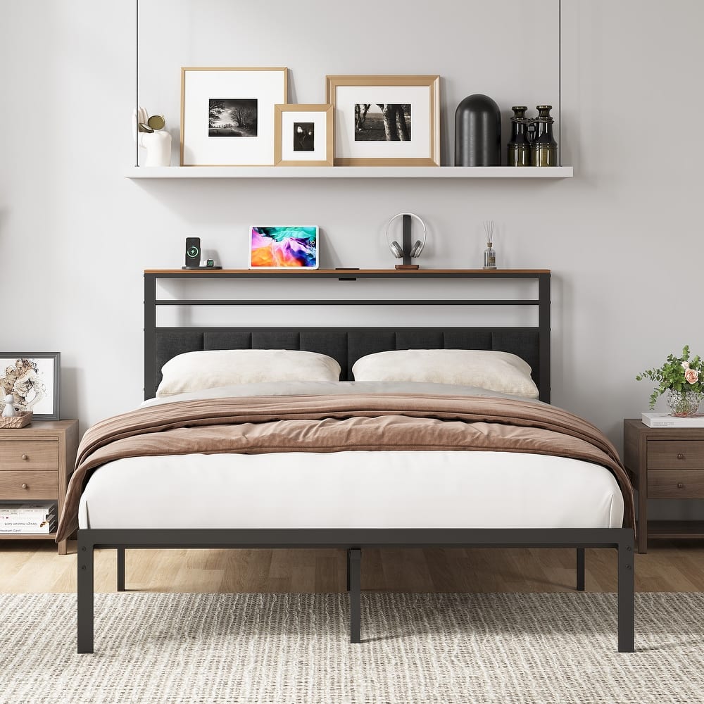Bed Frame with Storage Shelves and Charging Station