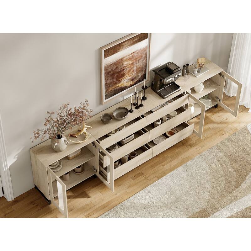 4 in 1 Modern Sideboard with Glass Doors and 6 Drawers Adjustable Shelves Coffee Bar Storage Cabinet for Living Room, Kitchen