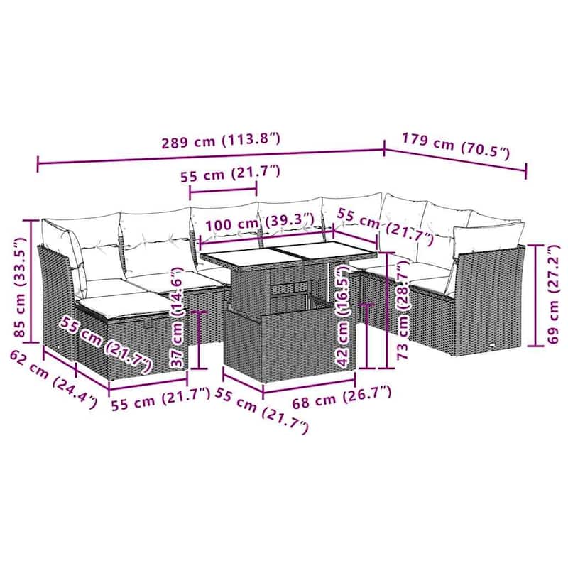 vidaXL Patio Sofa Set with Cushions and Table Outdoor Garden 9 Piece Poly Rattan - 24.4" x 24.4" x 27.2"