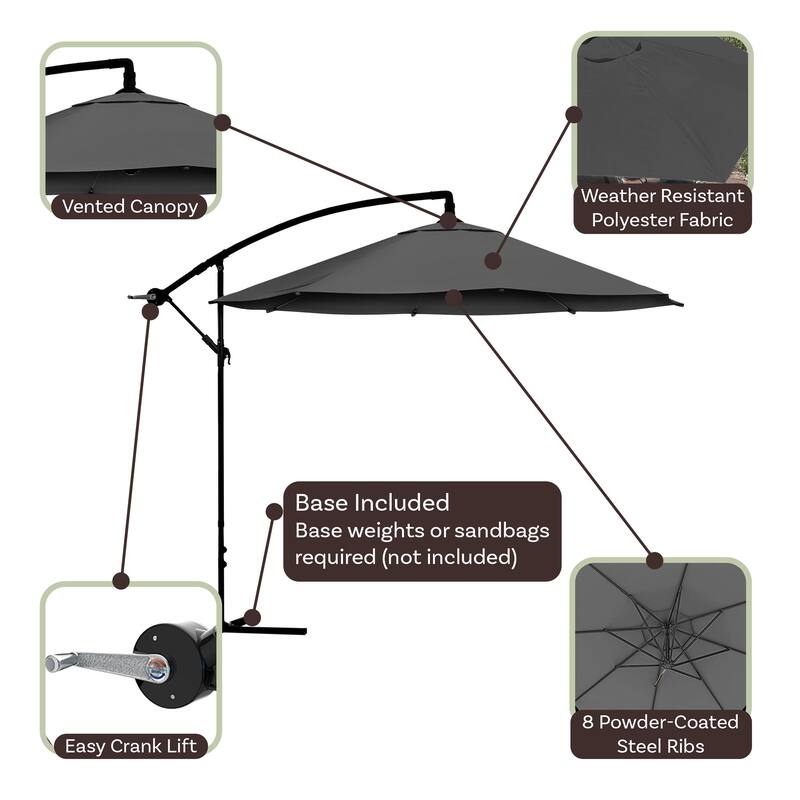 10ft Offset Patio Umbrella - 8ft Tall Hanging Cantilever Umbrella - Fade-Resistant Shade Umbrella by Pure Garden (Gray)