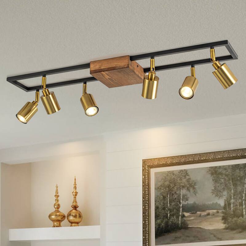 6 Light Farmhouse Rectangle Flush Mount Ceiling Fixture Track Light with Rotating Head - Gold