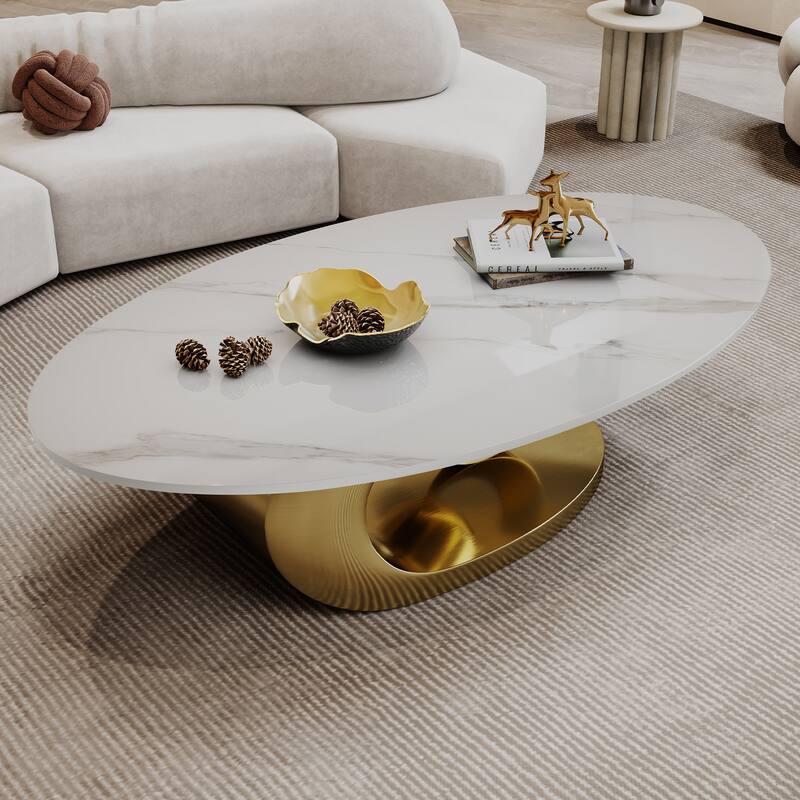 49 Inch Marble Top Coffee Table with Stainless Steel Base