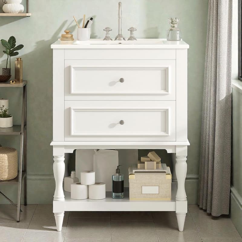 24" Bathroom Vanity with Ceramic Sink, Retro Open-Shelf Cabinet with 2 Drawers - White