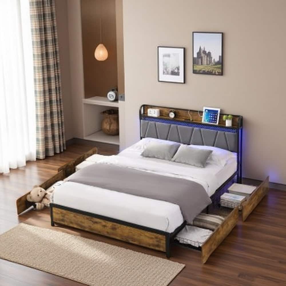 King Size Platform Bed with LED Headboard, Charging Ports, and 4 Rolling Storage Drawers, Rustic Brown and Gray Finish