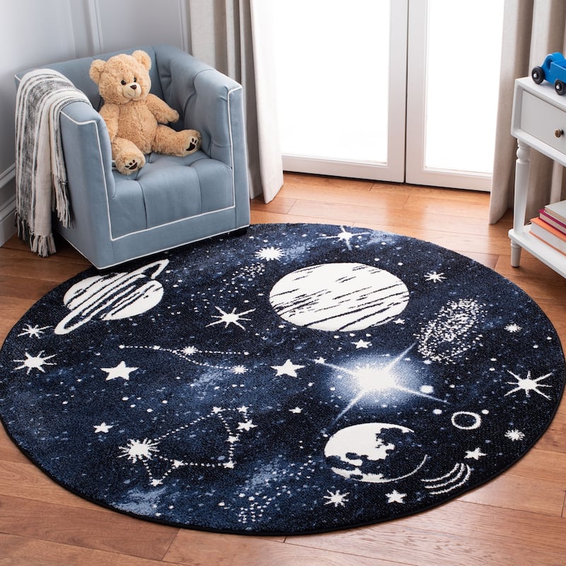 SAFAVIEH Carousel Kids Kyle Solar System Rug - 4' x 4' Round - Dark Blue/Light Blue