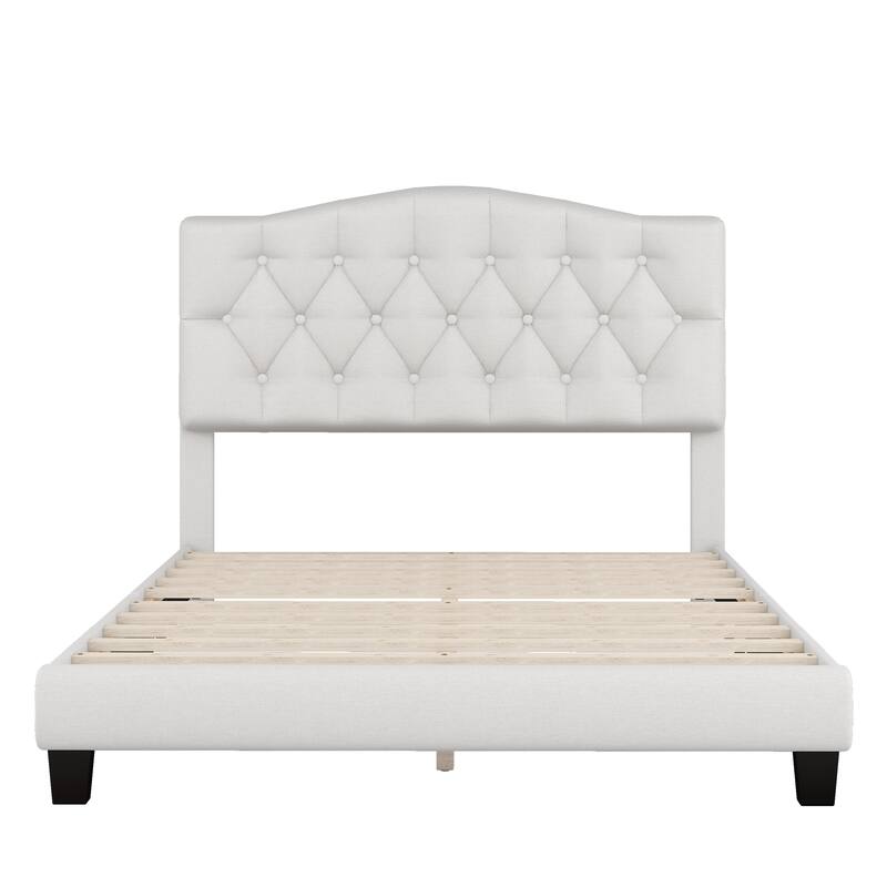 Beige Upholstered Low Profile Platform Bed Frame Saddle Curved Headboard Wingback Bed with Diamond Tufted Details Panel Bed