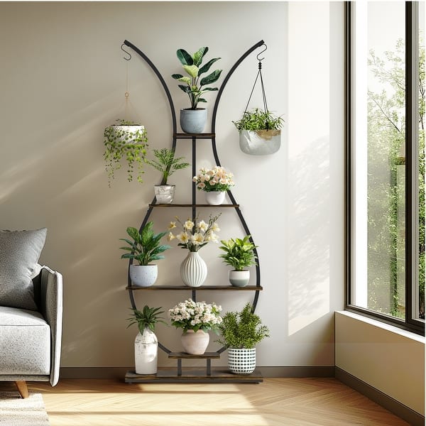 UNHO Plant Stand Indoor Metal Flower Pot Shelf for Living Room Patio - Black and Brown