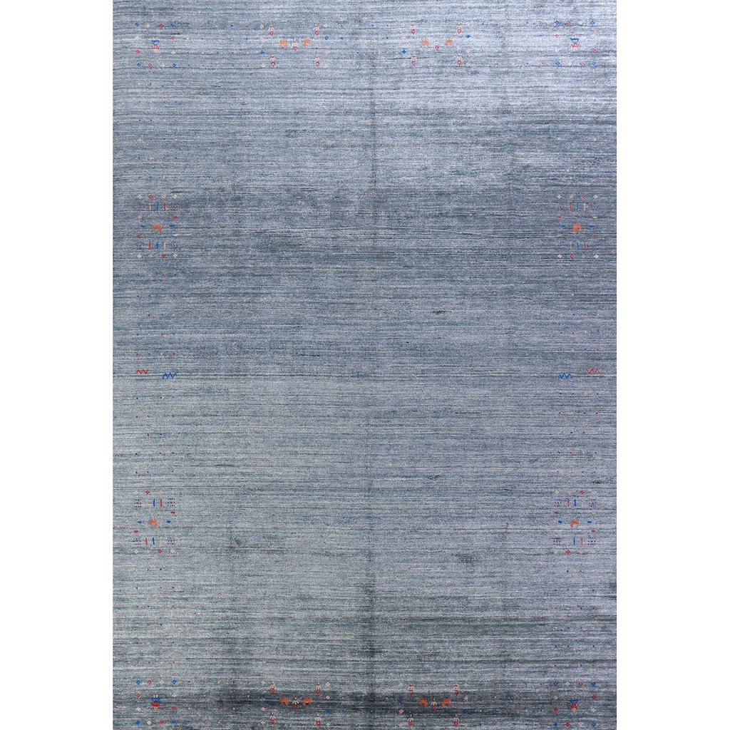 Hand Knotted Oriental Viscose Silk Carpet Tribal Stripe Navy Blue & Blues Gabbeh Area Rug - 11' 5'' X 8' 7''