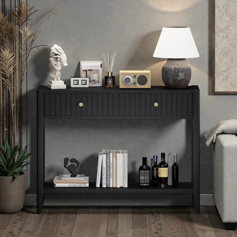 Console Table with Drawers and Storage Shelf, Narrow Wood Accent Sofa Table for Entryway Hallway Living Room