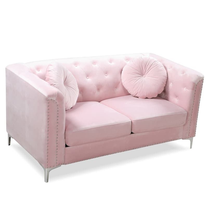 Tufted Nailhead Trim Velvet Loveseat with Throw Pillows - 62" - Pink