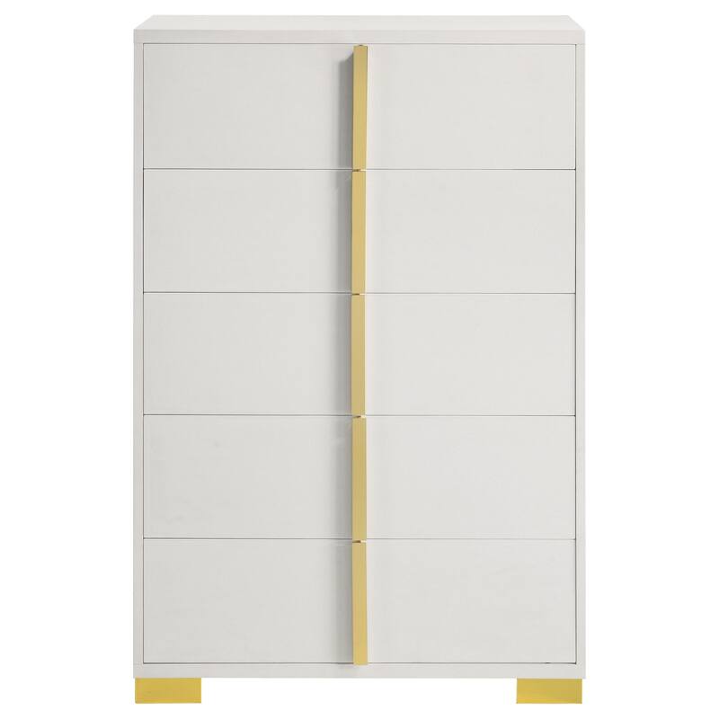 Dex 50 Inch Tall Dresser Chest, 5 Drawers with Vertical Gold Handles, White