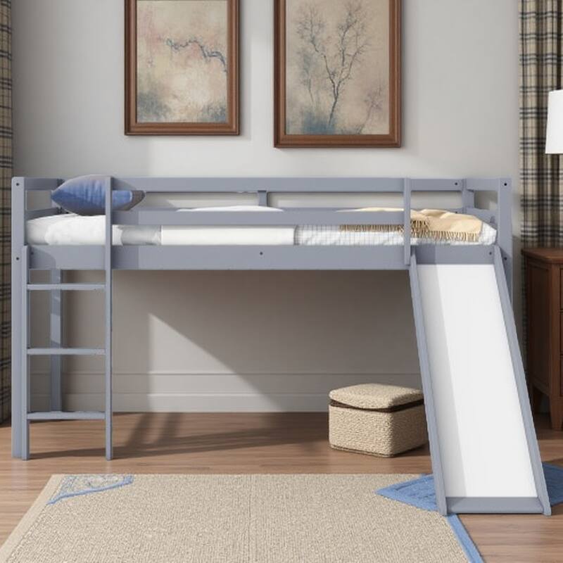 Twin Size Solid Wood Low Loft Bed with Slide, Ladder, Safety Guardrails, and Sturdy Rubberwood Frame - Grey