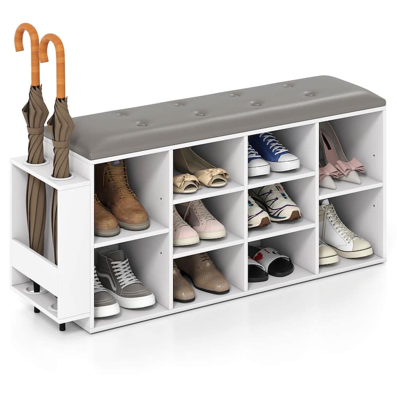 Costway Wooden Shoe Bench 10-Cube Storage Organizer with Padded - See Details - White