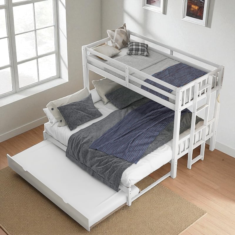 Twin Over Twin Pull-Out Bunk Bed with Trundle, Convertible 4 Beds, Solid Wood Frame with Guardrails and Ladder