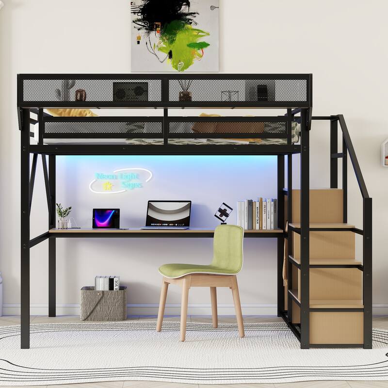 Metal Loft Bed with Storage Stairs Upper Storage Shelves and Wardrobe, Metal Structure Bed Optional Desk Charging Station