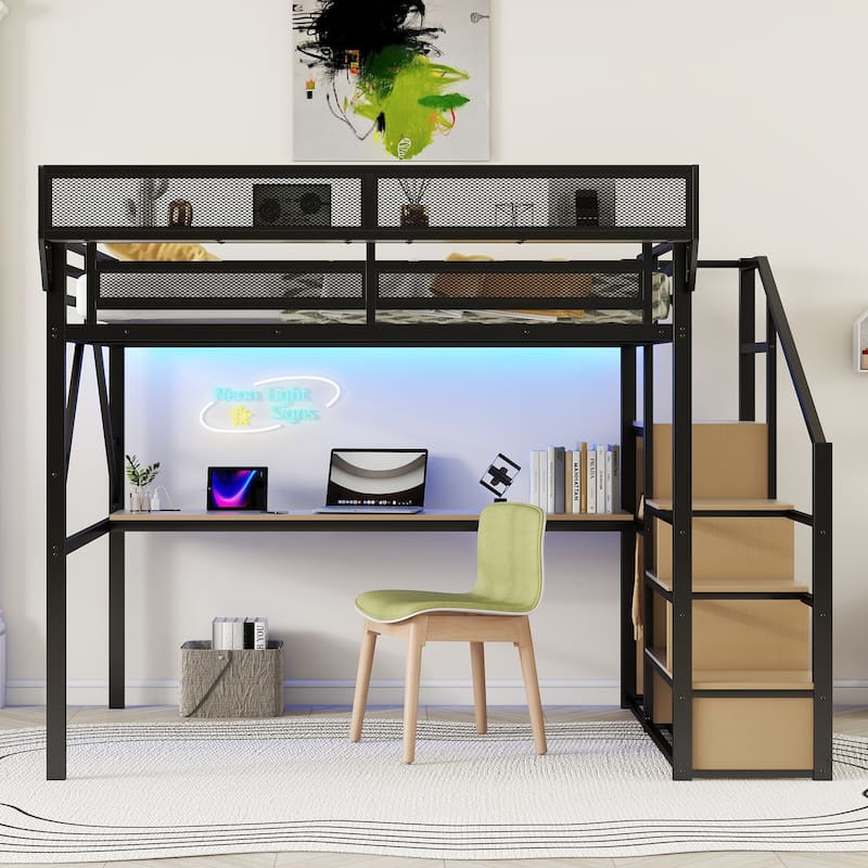 Queen/Full Loft Bed with Desk & Charging Station, Metal Loft Bed with Stairs & Light for Kids Teens