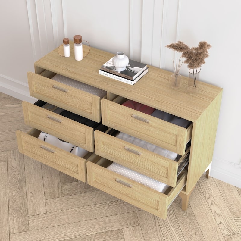 47.2" Modern Wood 6 Drawer Dresser with Polished Silver Legs