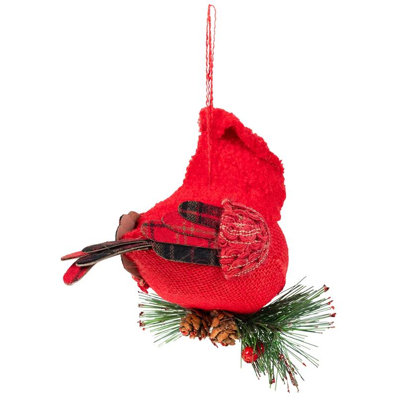6.5" Red Burlap Cardinal with Pine Needles Berries Christmas Ornament