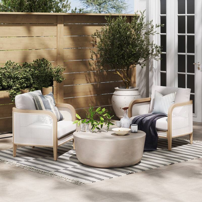 Twila Bohemian Outdoor Upholstered Rattan Patio Seating with Solid Wood Frame