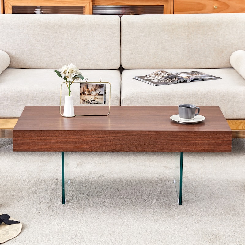 Roomfitters Square MDF Coffee Table with Tempered Glass Legs, 31.5"x31.5" Natural Style Center Table
