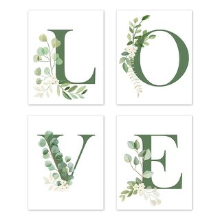 Tropical Leaf Collection Wall Decor Art Prints (Set of 4) - Green White Boho Watercolor Floral Botanical Woodland Garden - LOVE