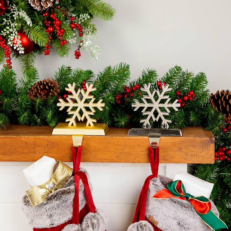 Set of 2 Gold and Silver Shiny Snowflake Christmas Stocking Holders