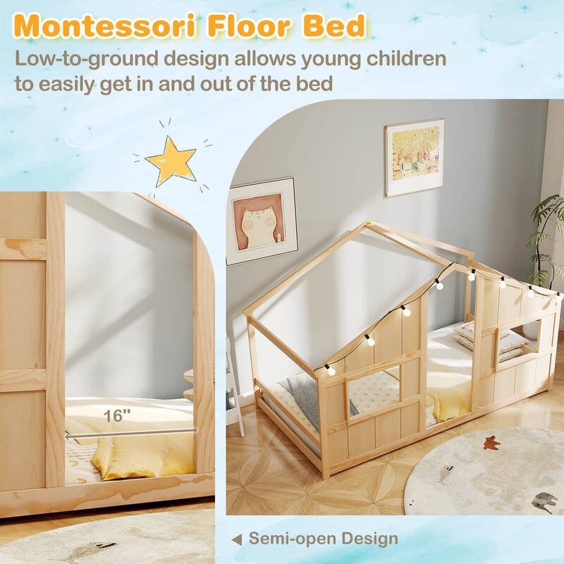 Costway Twin Size House Floor Bed with LED Lights Solid Wood Bed Frame