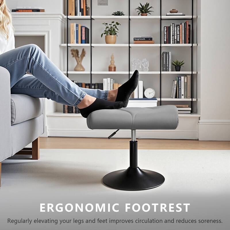 Javlergo Adjustable Height PU Leather Ottoman with 360° Swivel Footrest Stool for Office Under Desk Space Saving Ottoman - Grey