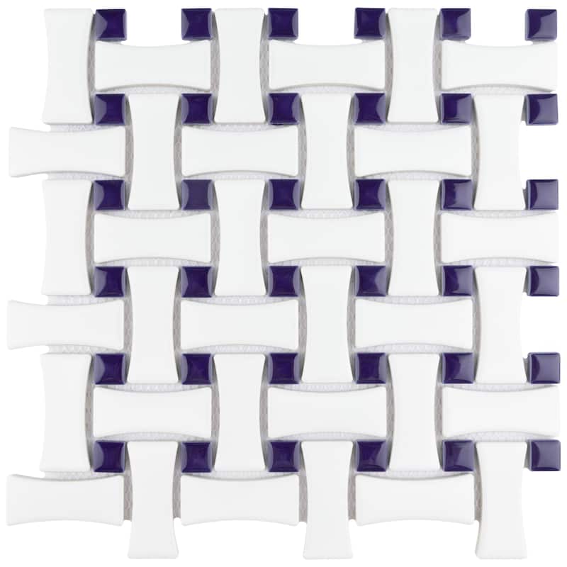 Merola Tile Metro Dog Bone Basketweave White w/Cobalt Dot 10" x 10" Porcelain Mosaic Tile
