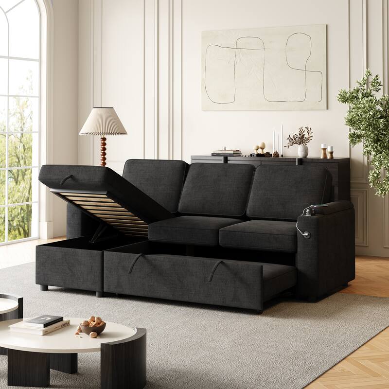 85.8" L-Shaped Sleeper Sectional Sofa with Storage Chaise and Charging Port