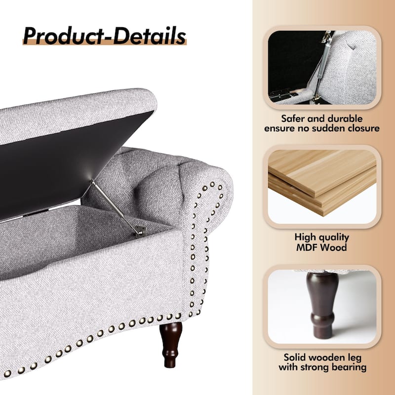 53 in Tufted Rolled Arm Storage Bench with Nailhead Trim
