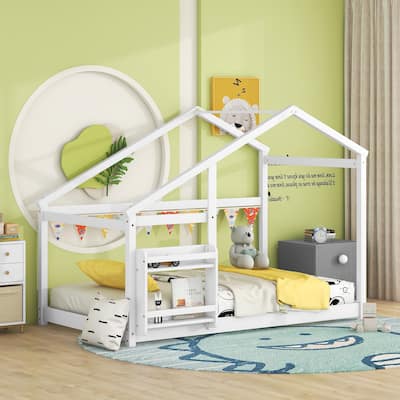 White Twin Size Wooden House Floor Bed with Shelf and Roof
