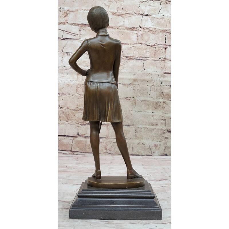 Bronze Sculpture Statue Figure Of Young Woman Fencer Standing With Sword On Marble Base