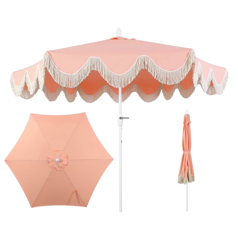 JONATHAN Y 9ft Tassel Patio Umbrella Auto-Tilt, Crank